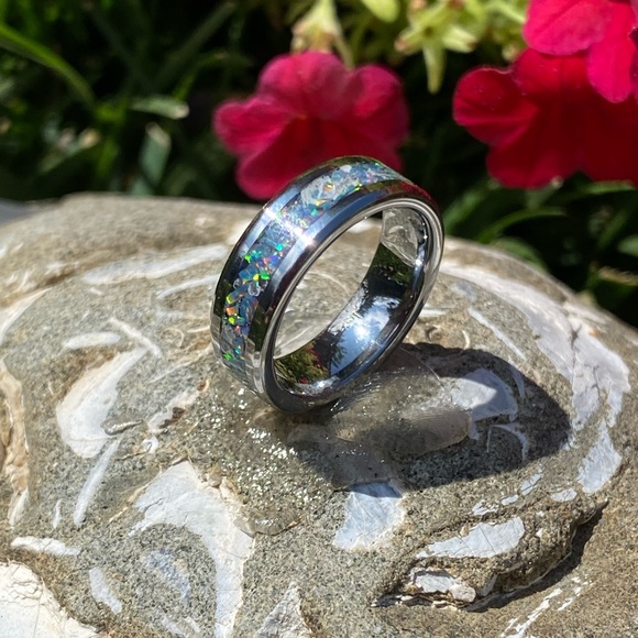 Ladies tungsten band with moonstone opal - Picture 2 of 3